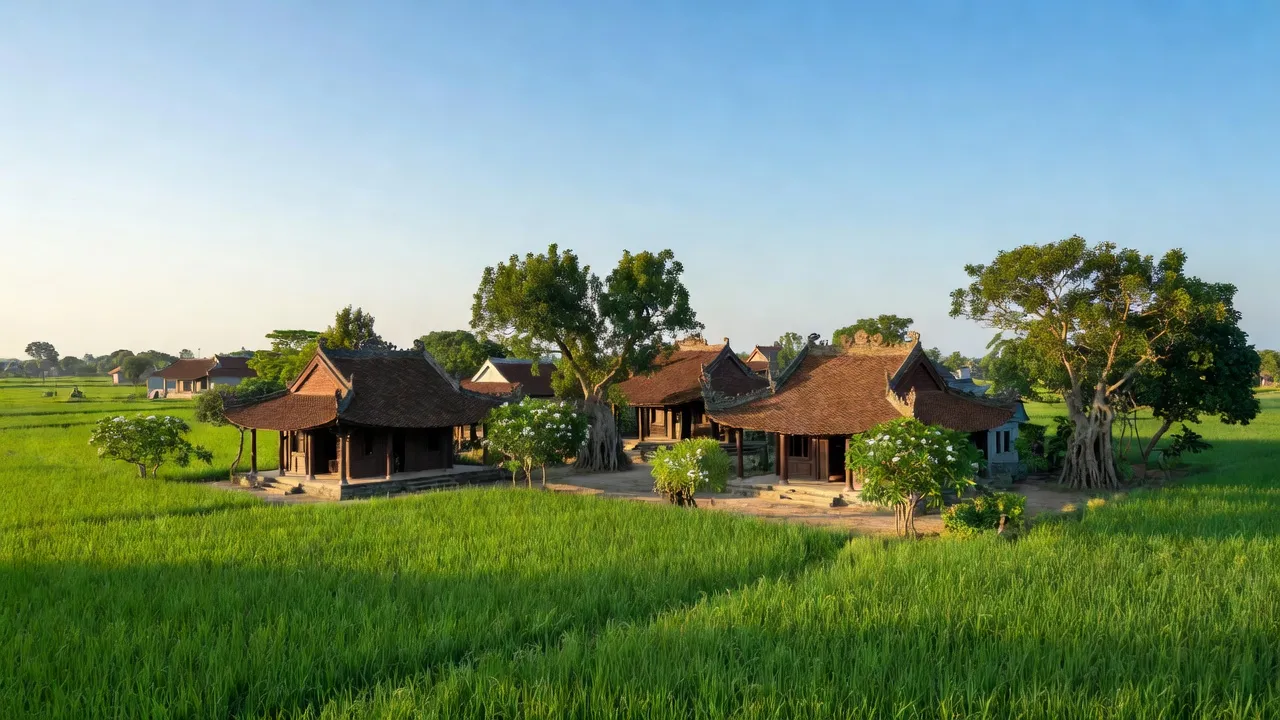 Khung cảnh yên bình ở Phường Phù Lương, Thị xã Quế Võ, Bắc Ninh với cây xanh và kiến trúc truyền thống.