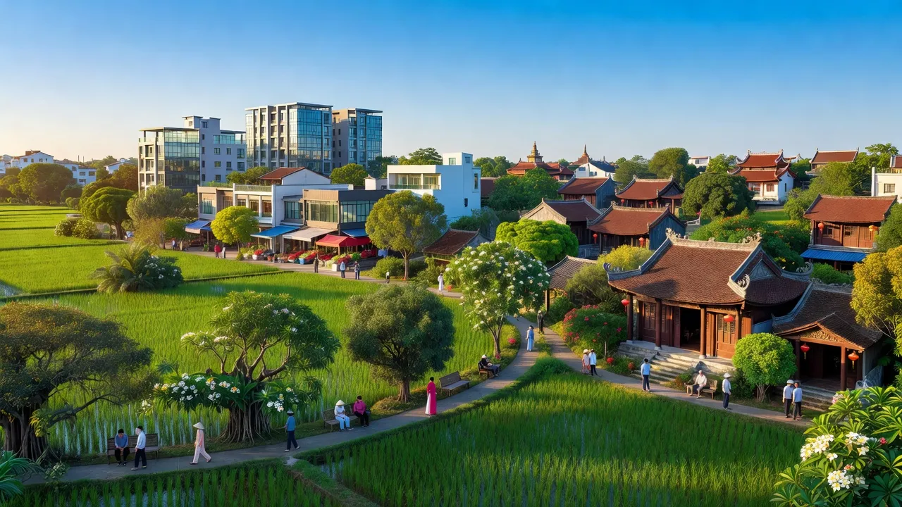 Khung cảnh thơ mộng tại phường Việt Hùng, thị xã Quế Võ, tỉnh Bắc Ninh, với kiến trúc truyền thống và hiện đại.