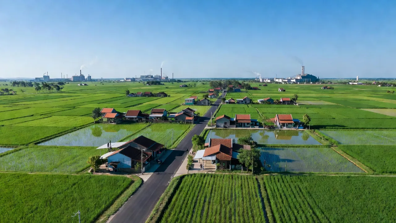 Xã Việt Thống, Thị xã Quế Võ, tỉnh Bắc Ninh với cánh đồng xanh, con đường và nhà dân.