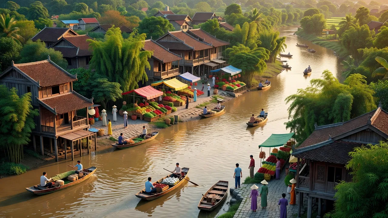 Khung cảnh Thị xã Thuận Thành, Bắc Ninh với dòng sông Đuống và kiến trúc truyền thống Việt Nam.