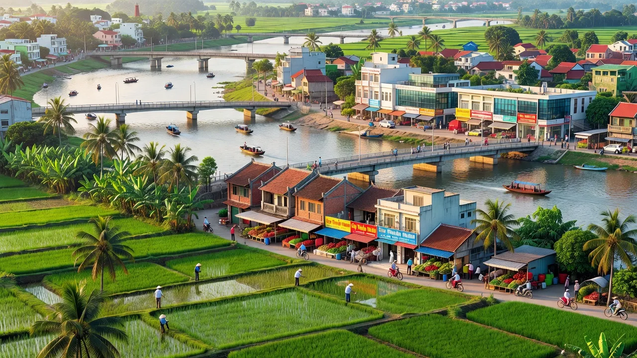 Khung cảnh thị xã Thuận Thành, Bắc Ninh với sông Đuống và kiến trúc địa phương nổi bật.
