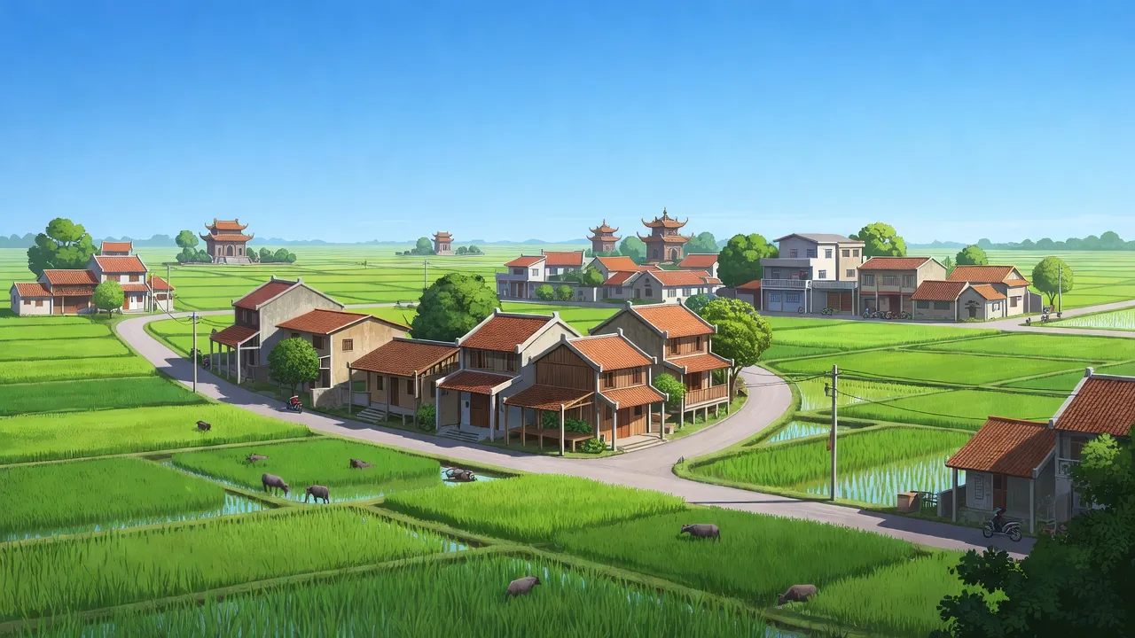Phường An Bình, Thị xã Thuận Thành, Bắc Ninh with green fields and local architecture.