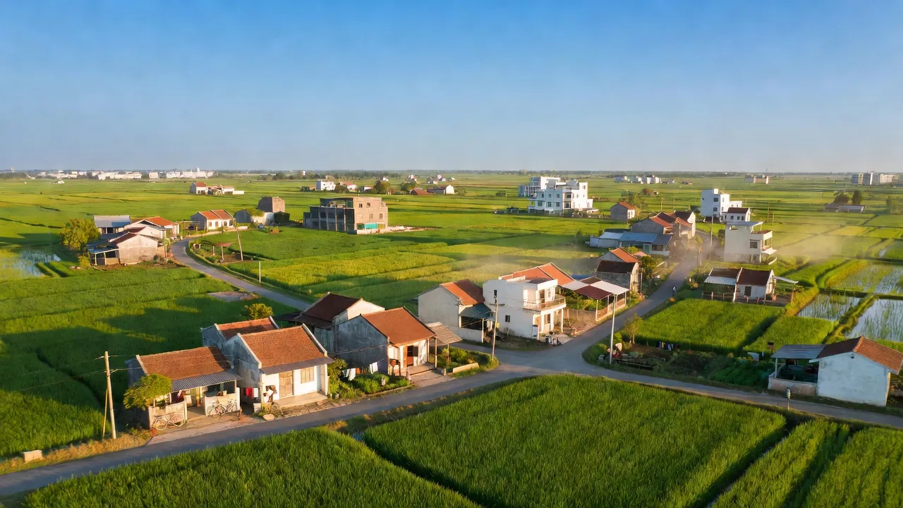 Cảnh đẹp xã Đại Đồng Thành, Thuận Thành, Bắc Ninh với cánh đồng xanh và nhà dân.