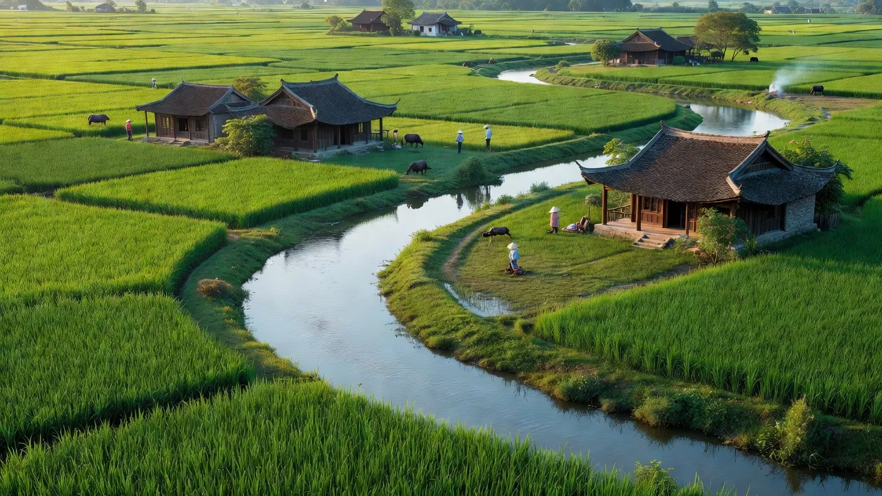 Cảnh xã Đại Đồng Thành, Thị xã Thuận Thành, Bắc Ninh với cánh đồng xanh và sông Đuống.