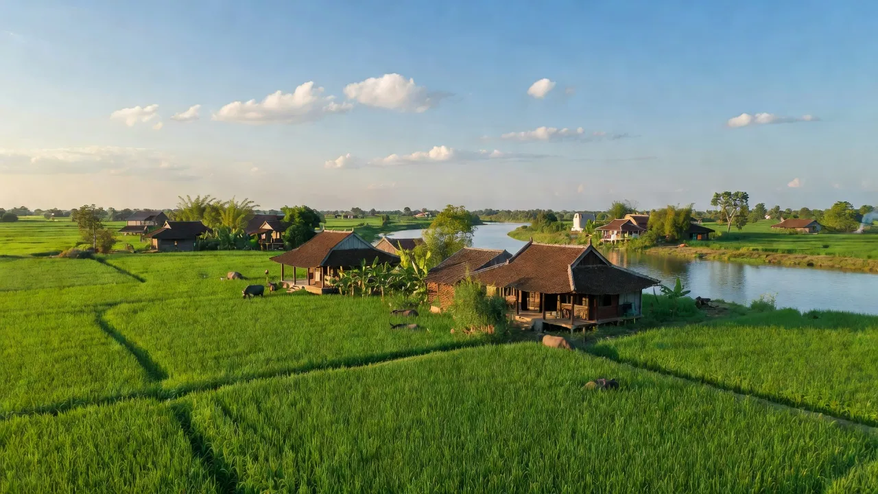 Khung cảnh Xã Đình Tổ, Thị xã Thuận Thành, Bắc Ninh với ruộng xanh và sông Đuống.