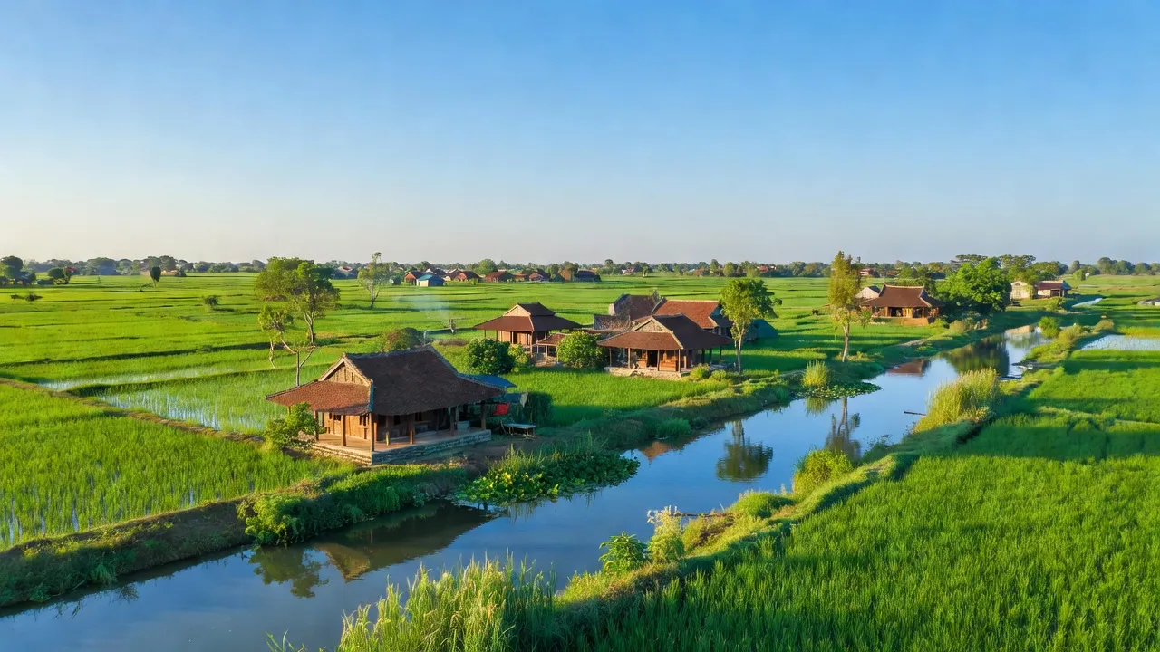 Khung cảnh Xã Đình Tổ, Thị xã Thuận Thành với đồng xanh, nhà truyền thống và sông Đuống.