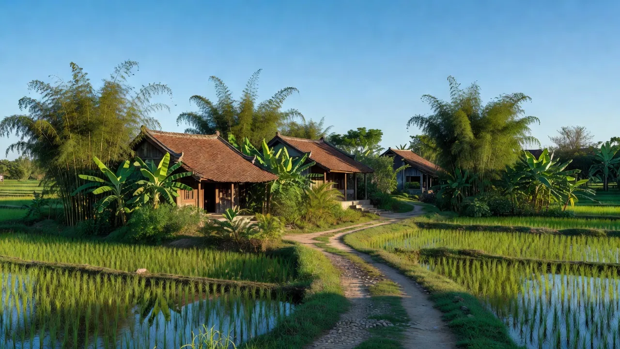 Cảnh quan yên bình phường Gia Đông, Thị xã Thuận Thành, Bắc Ninh, với nhà truyền thống và cây xanh.