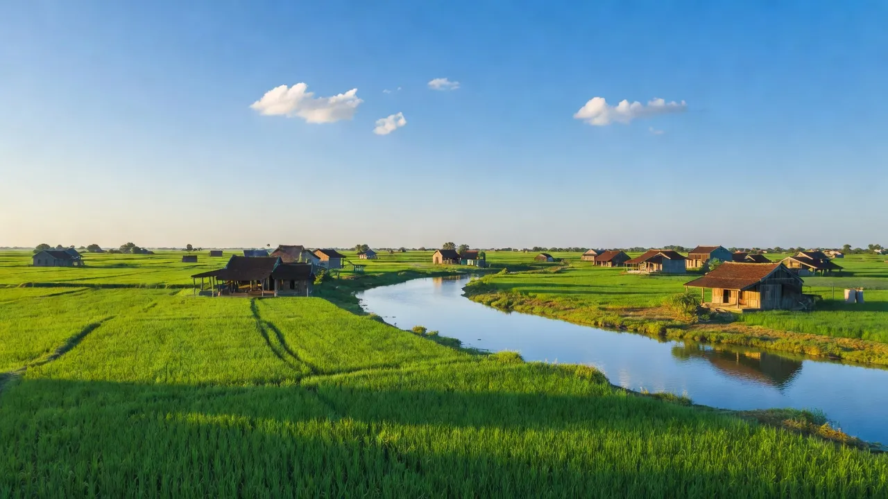 Cảnh sắc bình yên tại phường Hà Mãn, Thị xã Thuận Thành với cánh đồng xanh và nhà cửa ven sông.
