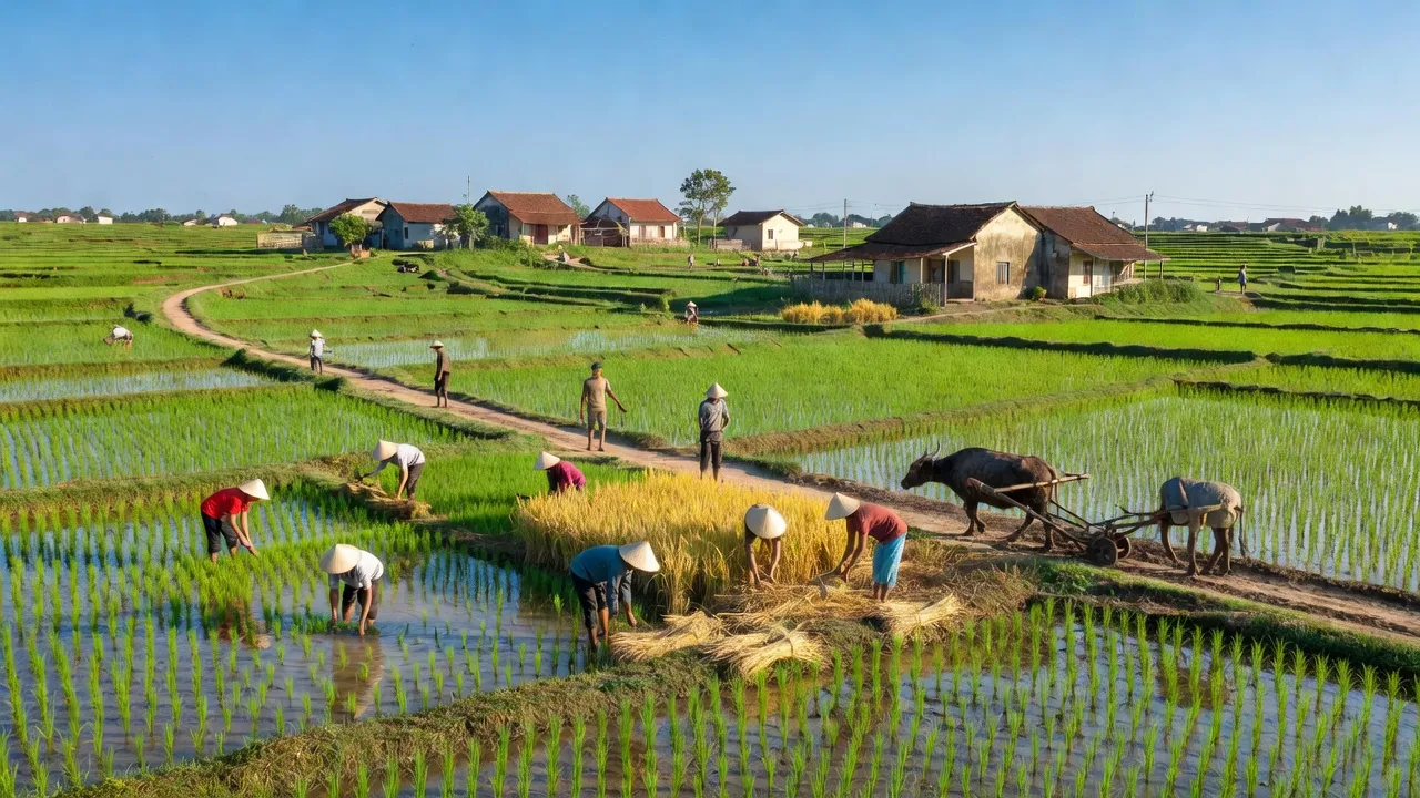Cảnh đẹp Xã Mão Điền, Thị xã Thuận Thành, Bắc Ninh với cánh đồng xanh và nhà nông thôn.