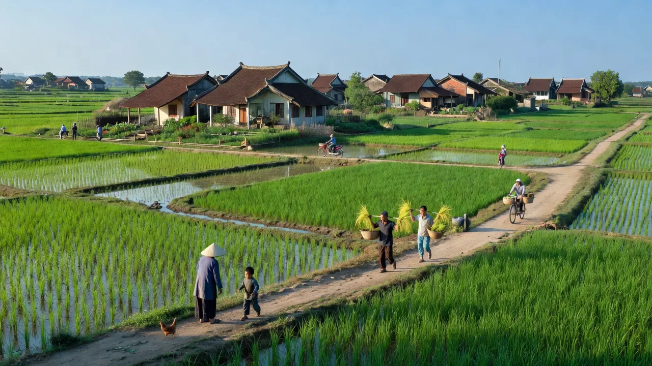 Cảnh sắc xã Nghĩa Đạo, Thị xã Thuận Thành, tỉnh Bắc Ninh với cánh đồng xanh tươi.