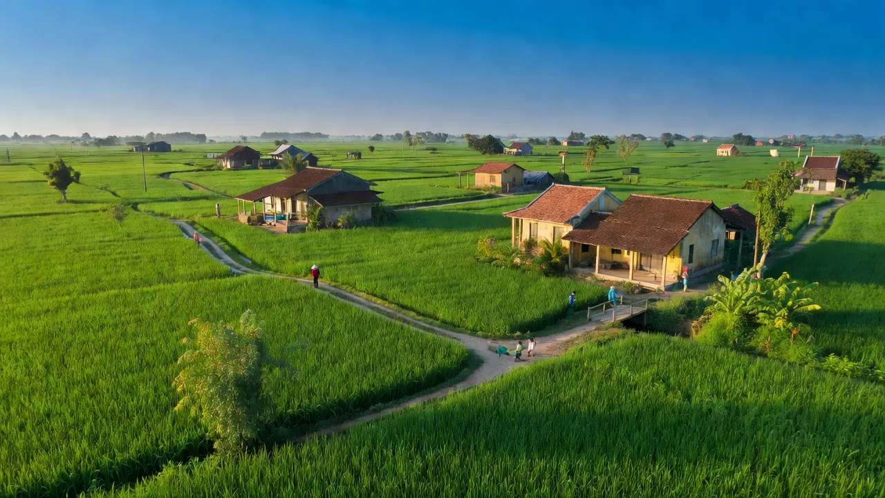 Cảnh quan xã Ngũ Thái, Thị xã Thuận Thành, Bắc Ninh, với đồng xanh và nhà ở gần gũi.