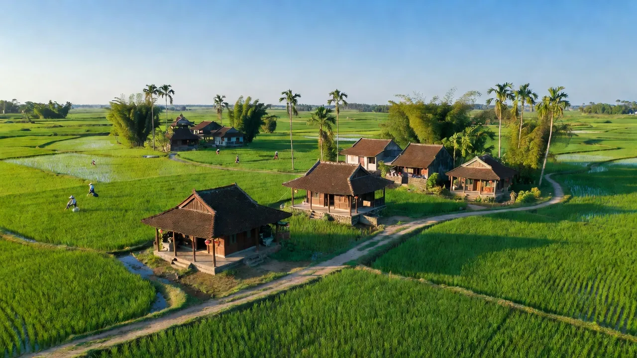 Khung cảnh Xã Ngũ Thái, Thị xã Thuận Thành, Bắc Ninh với đồng xanh và nhà truyền thống.