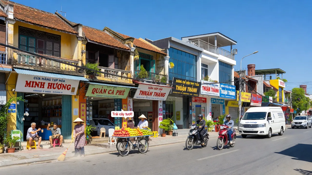 Ninh Xá, Thuận Thành, Bắc Ninh, vibrant street life, traditional houses, sunny day, economic activity.