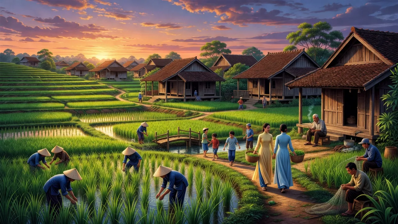 Cánh đồng xanh mướt và nhà truyền thống ở phường Trí Quả, Bắc Ninh vào buổi hoàng hôn.