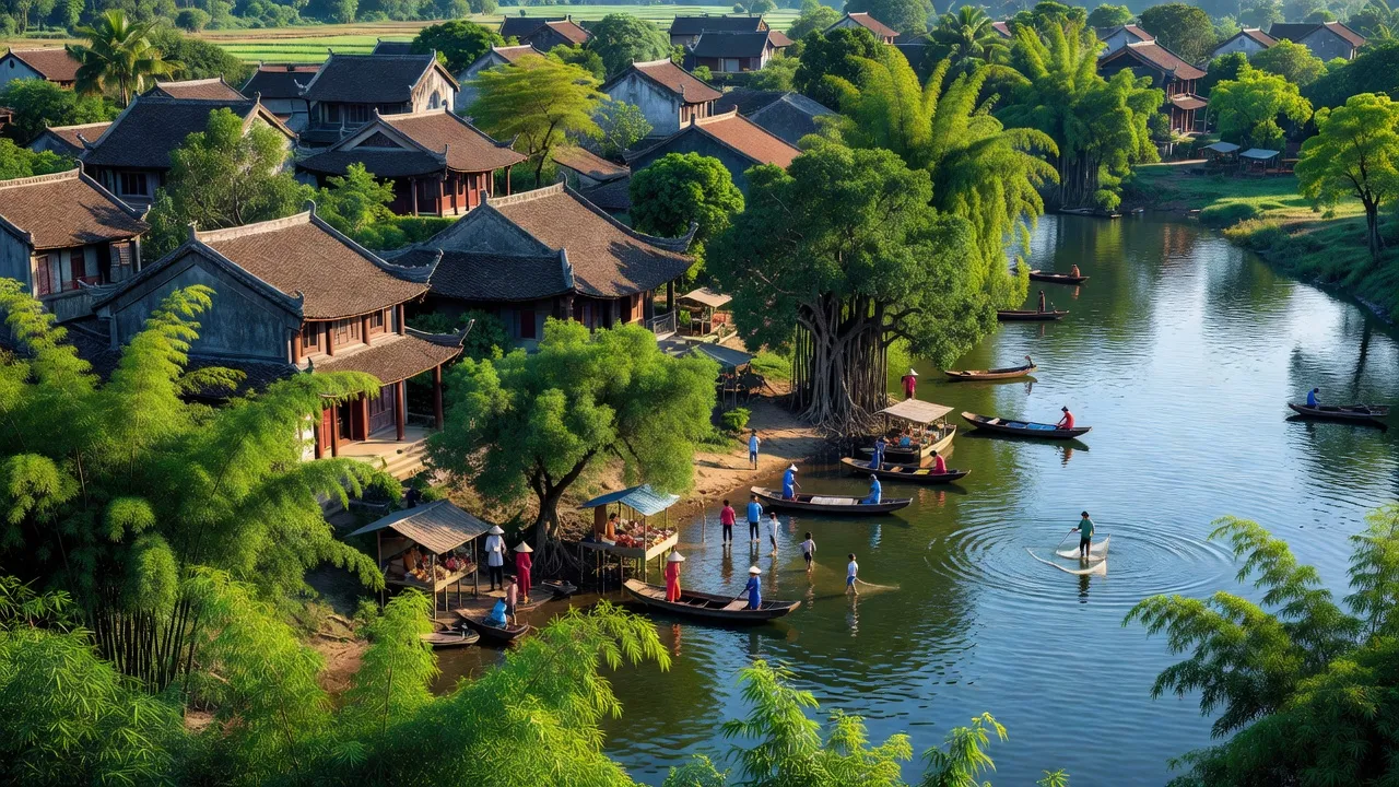 Khung cảnh yên bình tại phường Trí Quả, Thuận Thành, Bắc Ninh, với cây xanh và đời sống địa phương.