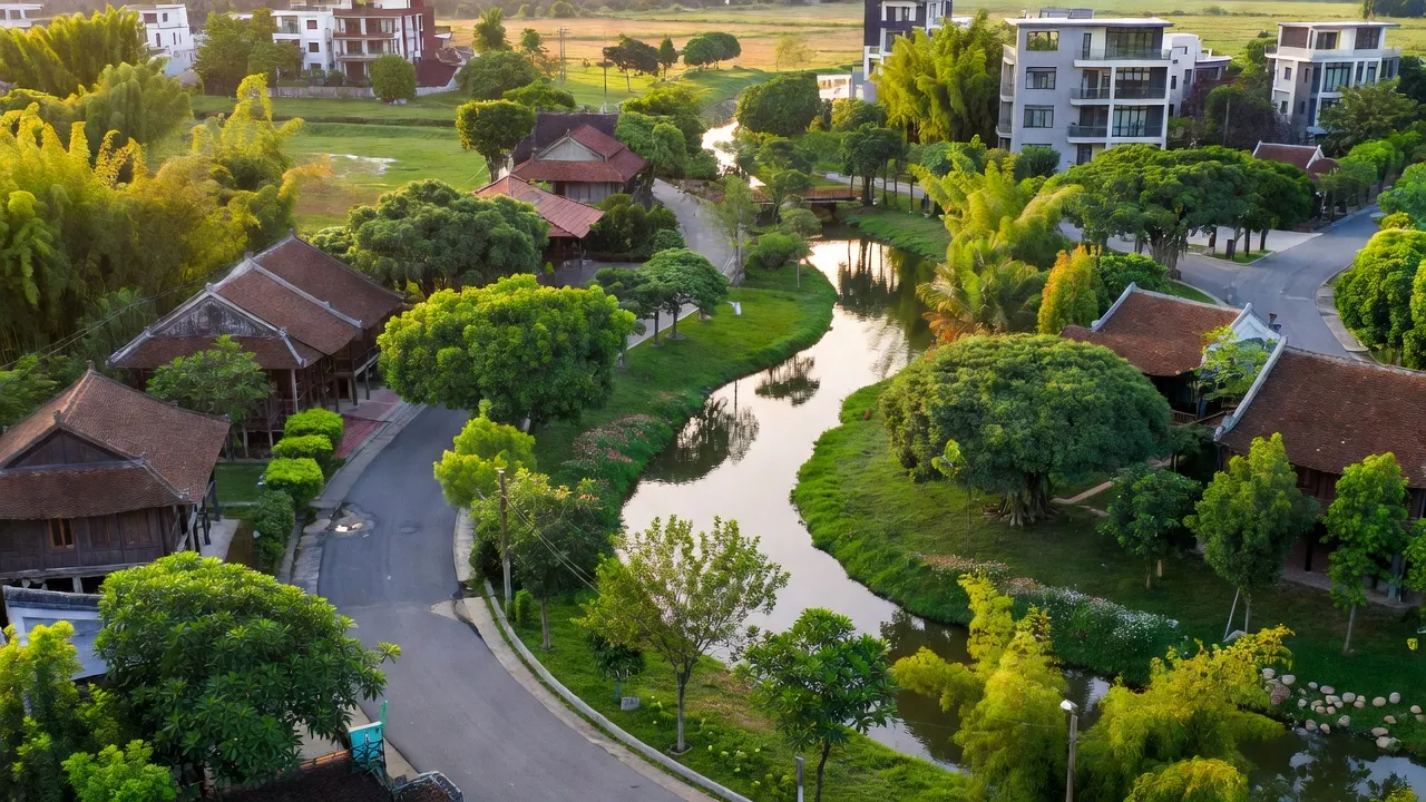 Phường Xuân Lâm, Thị xã Thuận Thành, Bắc Ninh với cây xanh, sông Đuống và các tuyến giao thông.