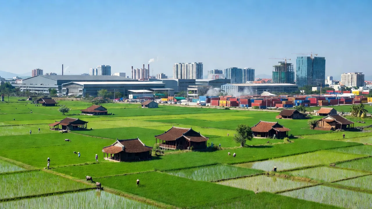 Huyện Tiên Du, Bắc Ninh, with agricultural fields, industrial areas, and modern urban development.