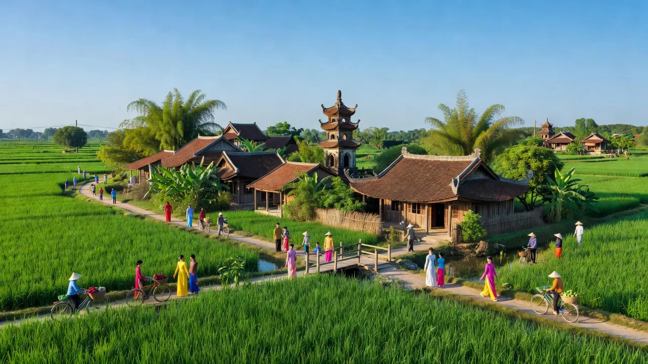 Cảnh quan xã Đại Đồng, huyện Tiên Du, tỉnh Bắc Ninh với cây xanh và nhà cửa.