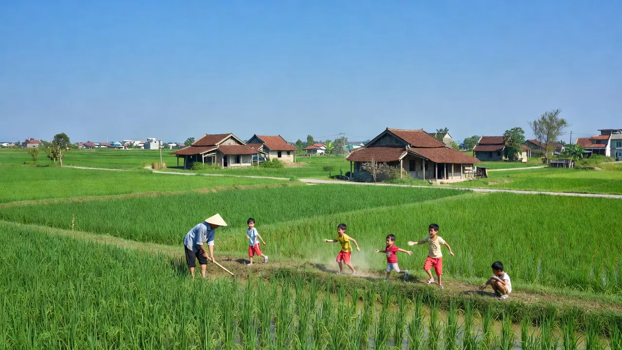 Cảnh đẹp xã Hiên Vân, huyện Tiên Du, Bắc Ninh với đồng bằng xanh và nhà nông thôn