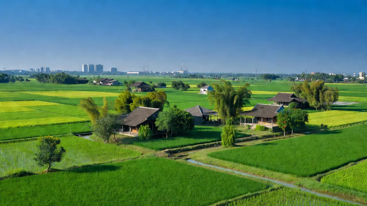 Cảnh quan hùng vĩ xã Hiên Vân, huyện Tiên Du, Bắc Ninh với ruộng lúa và nhà nông thôn.