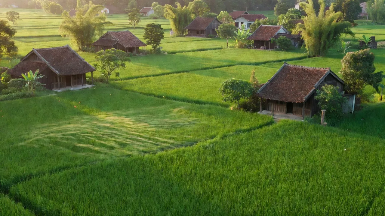Phong cảnh yên bình ở xã Lạc Vệ, huyện Tiên Du, Bắc Ninh với cánh đồng xanh và nhà truyền thống.