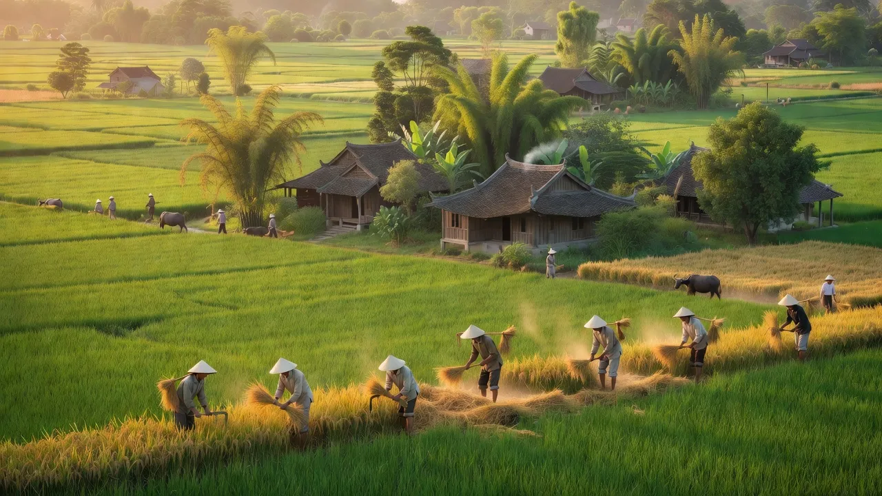 Cảnh đồng xanh tại xã Minh Đạo, huyện Tiên Du, Bắc Ninh, với nông dân thu hoạch mùa màng.