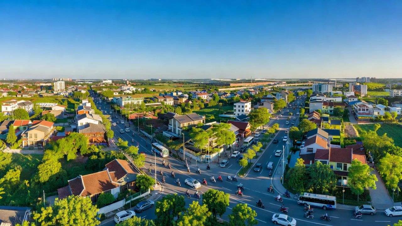 Cảnh quan xã Nội Duệ, Tiên Du, Bắc Ninh với đường phố và cây cối trong nắng vàng.