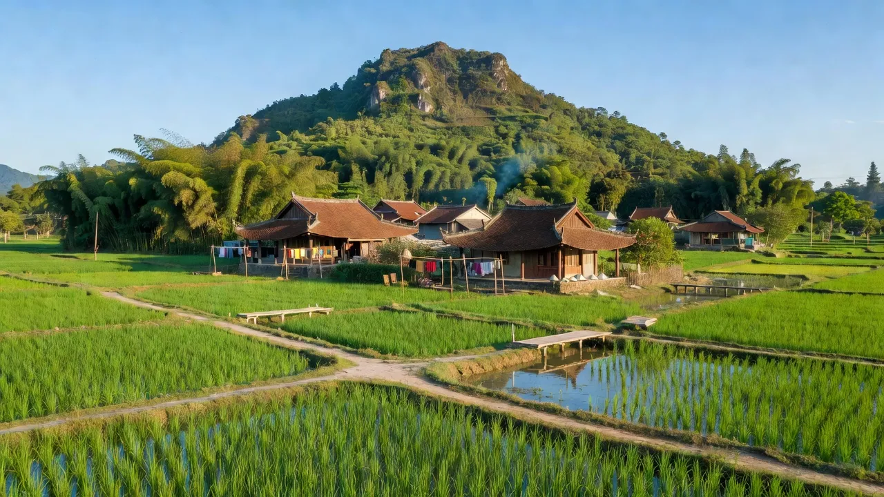 Xã Phật Tích với núi Phật Tích, nhà truyền thống và cảnh thiên nhiên xanh tươi tại Bắc Ninh.