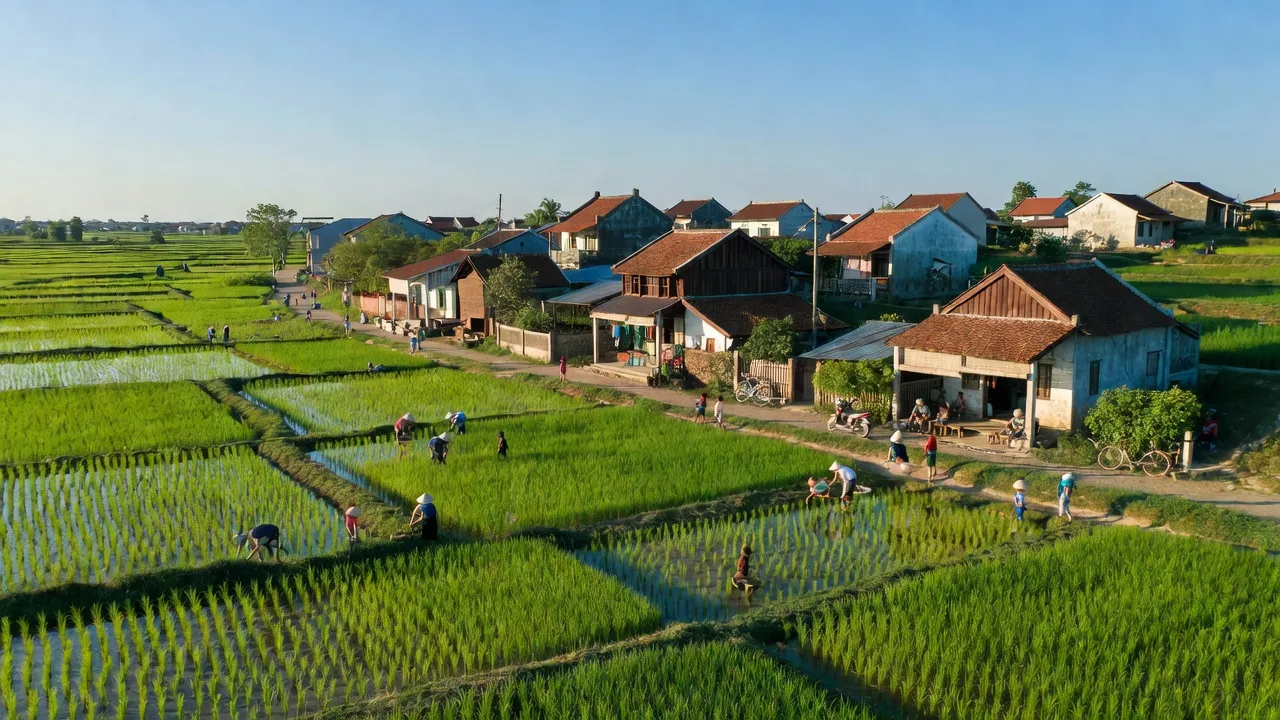 Quang cảnh Xã Phú Lâm, huyện Tiên Du, tỉnh Bắc Ninh với cánh đồng xanh và nhà truyền thống.