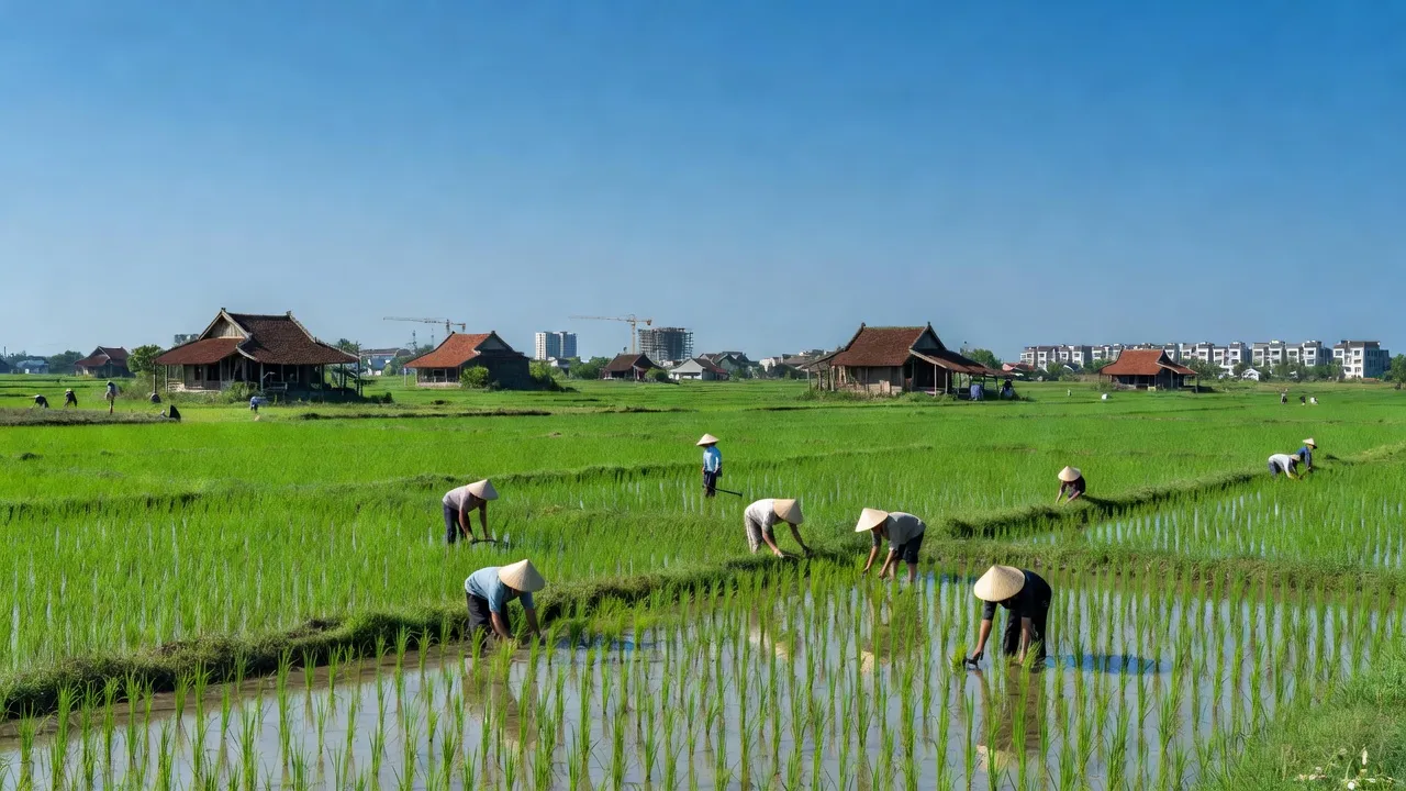 Xã Phú Lâm, Tiên Du, Bắc Ninh với cánh đồng xanh mướt và nhà truyền thống Việt Nam.