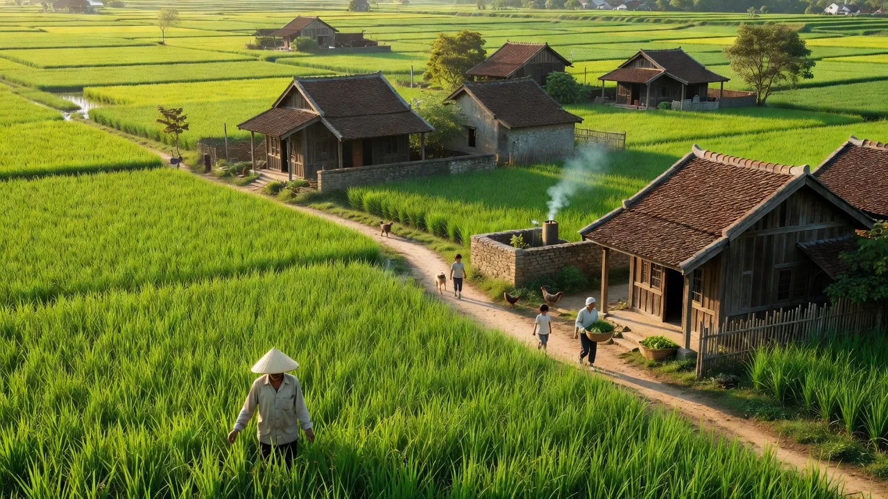 Cảnh đẹp xã Tân Chi, huyện Tiên Du, Bắc Ninh với đồng xanh và nhà truyền thống.