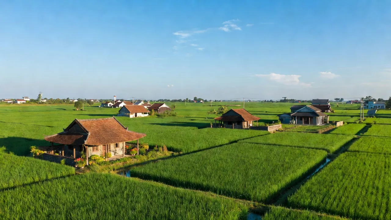 Cảnh quan xã Tân Chi, huyện Tiên Du, Bắc Ninh với cánh đồng xanh và nhà truyền thống.