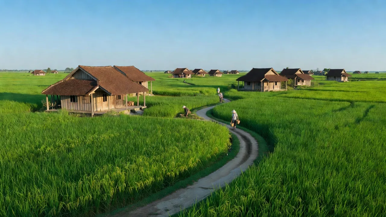 Cảnh đẹp làng quê xã Tri Phương, huyện Tiên Du, tỉnh Bắc Ninh với cánh đồng xanh và nhà truyền thống.