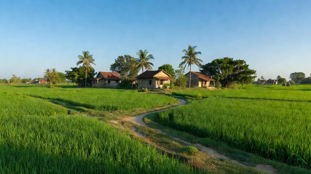 Cảnh đồng xanh và ngôi nhà tại xã Việt Đoàn, huyện Tiên Du, Bắc Ninh, Việt Nam.