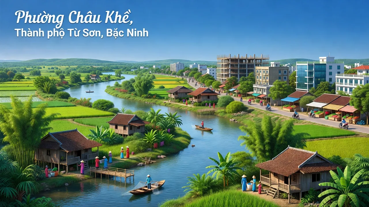 Phường Châu Khê, Từ Sơn, Bắc Ninh with Ngũ Huyện Khê river and lush greenery.