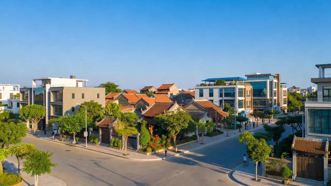 Cảnh phường Đồng Kỵ, Từ Sơn, Bắc Ninh với nhà cửa hiện đại và cây xanh, thể hiện sự phát triển đô thị.