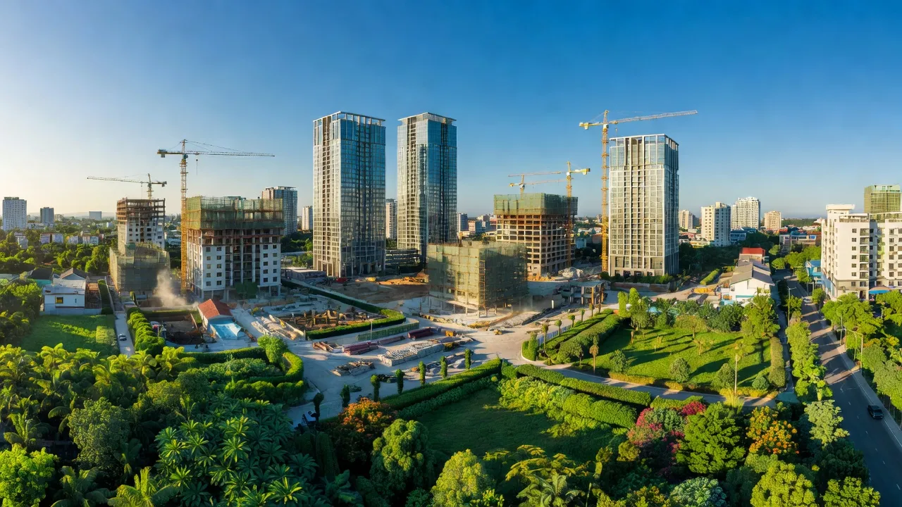 Khung cảnh đô thị Hương Mạc, Từ Sơn, Bắc Ninh với công trình hiện đại và thiên nhiên xanh mát.