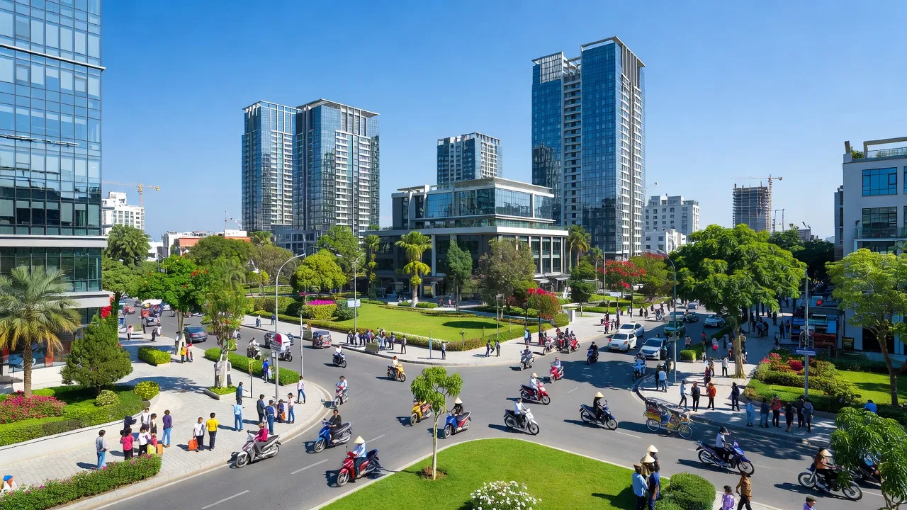 Khung cảnh đô thị Phường Phù Chẩn, Từ Sơn, Bắc Ninh với nhà cửa hiện đại và không khí sống động.