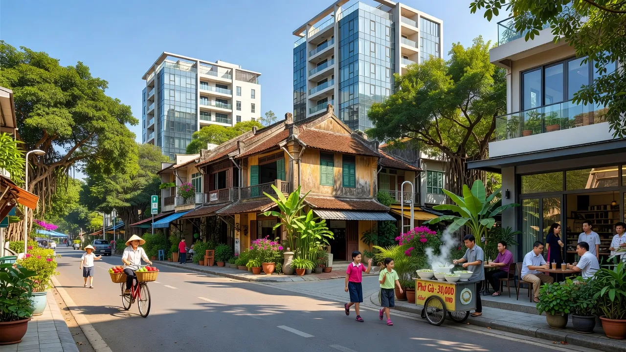 Cảnh quan đường phố tại phường Tam Sơn, Từ Sơn tỉnh Bắc Ninh với công trình hiện đại.