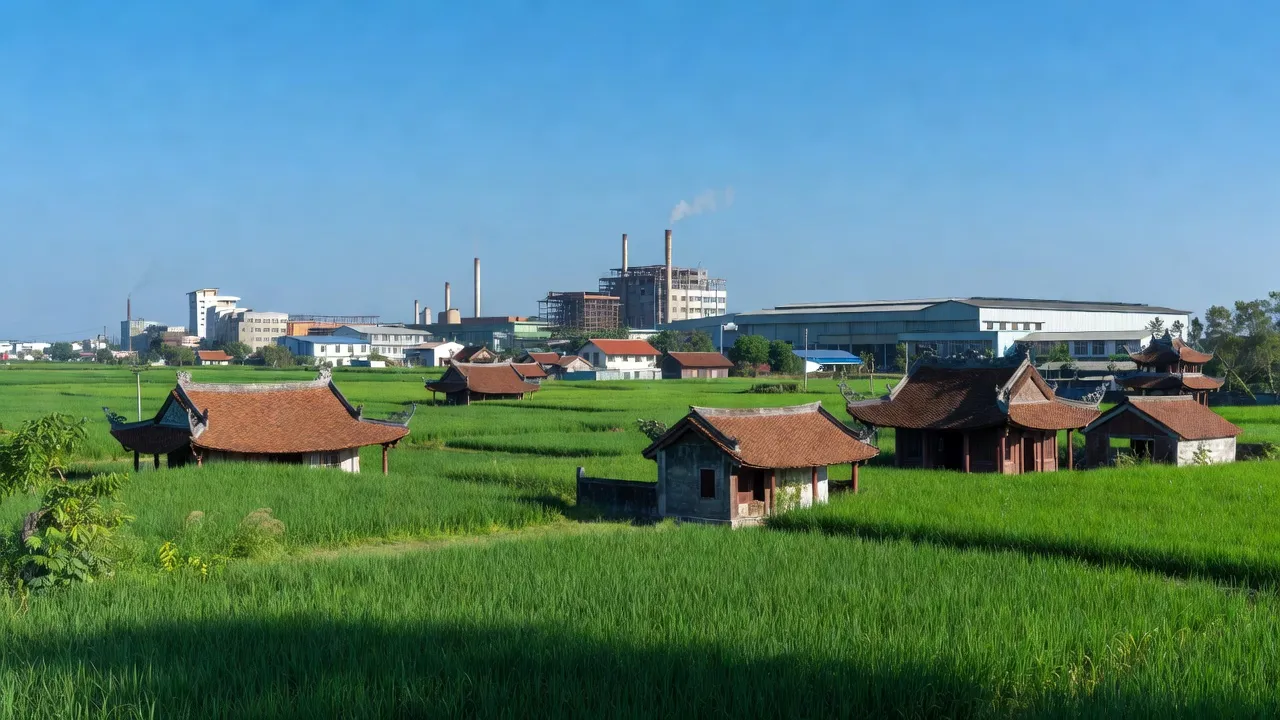 Khung cảnh huyện Yên Phong, Bắc Ninh, thiên nhiên hòa quyện với sự phát triển công nghiệp.