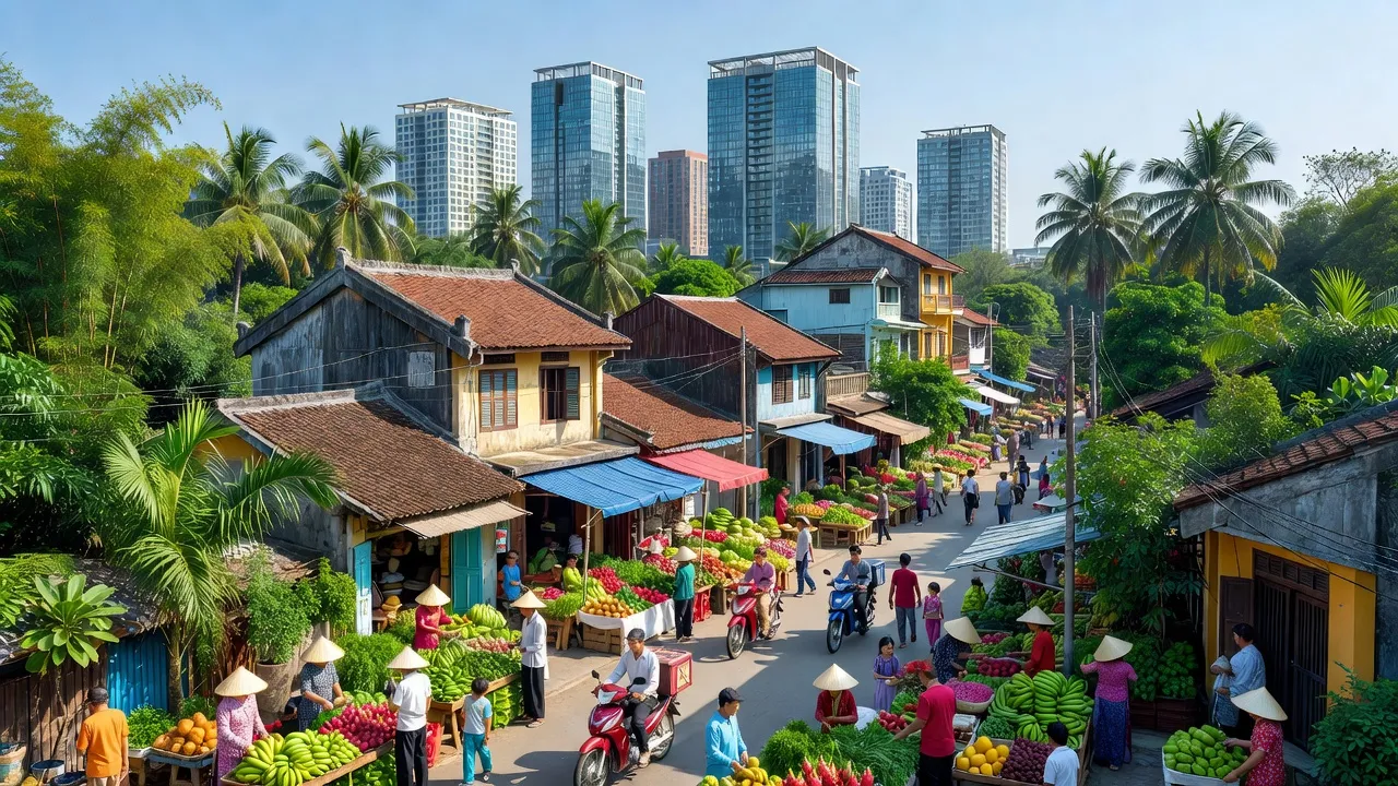 Khung cảnh thị trấn Chờ, huyện Yên Phong, tỉnh Bắc Ninh với kiến trúc đặc trưng và con đường nhộn nhịp.