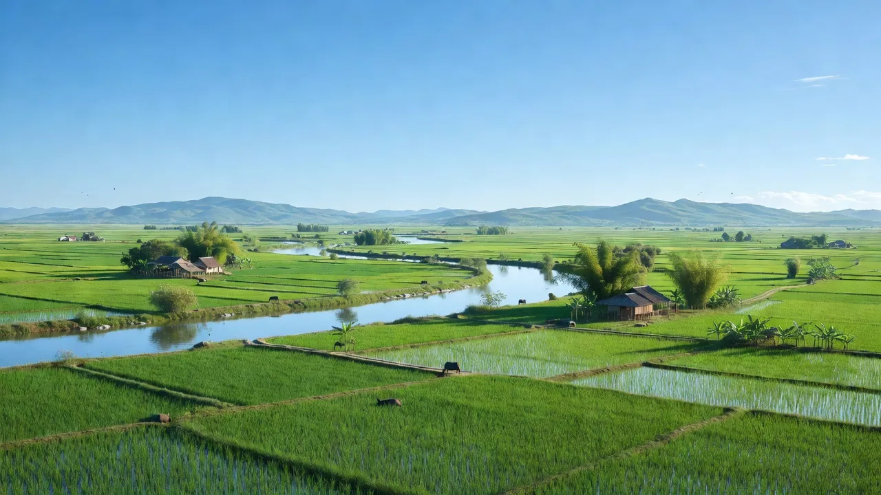 Phong cảnh xã Đông Phong, huyện Yên Phong, Bắc Ninh với đồng xanh và sông Cầu.