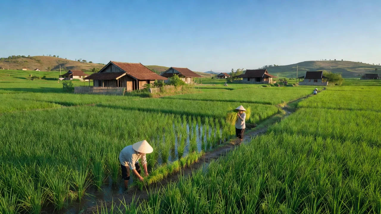 Cảnh đồng xanh ở xã Đông Thọ, huyện Yên Phong, Bắc Ninh với nhà truyền thống và nông dân làm việc.