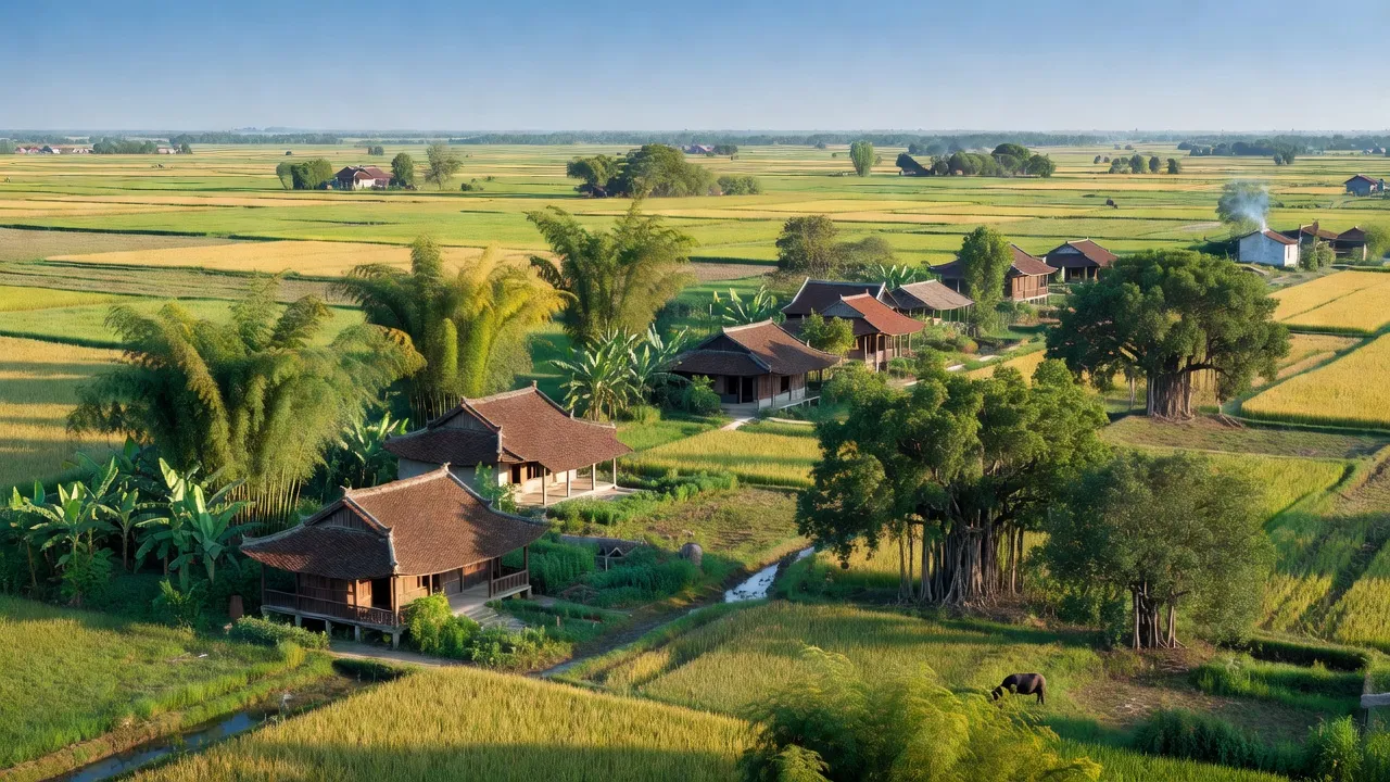 Cảnh sắc xã Đông Thọ, huyện Yên Phong, tỉnh Bắc Ninh với đồng ruộng xanh tươi và nhà truyền thống.