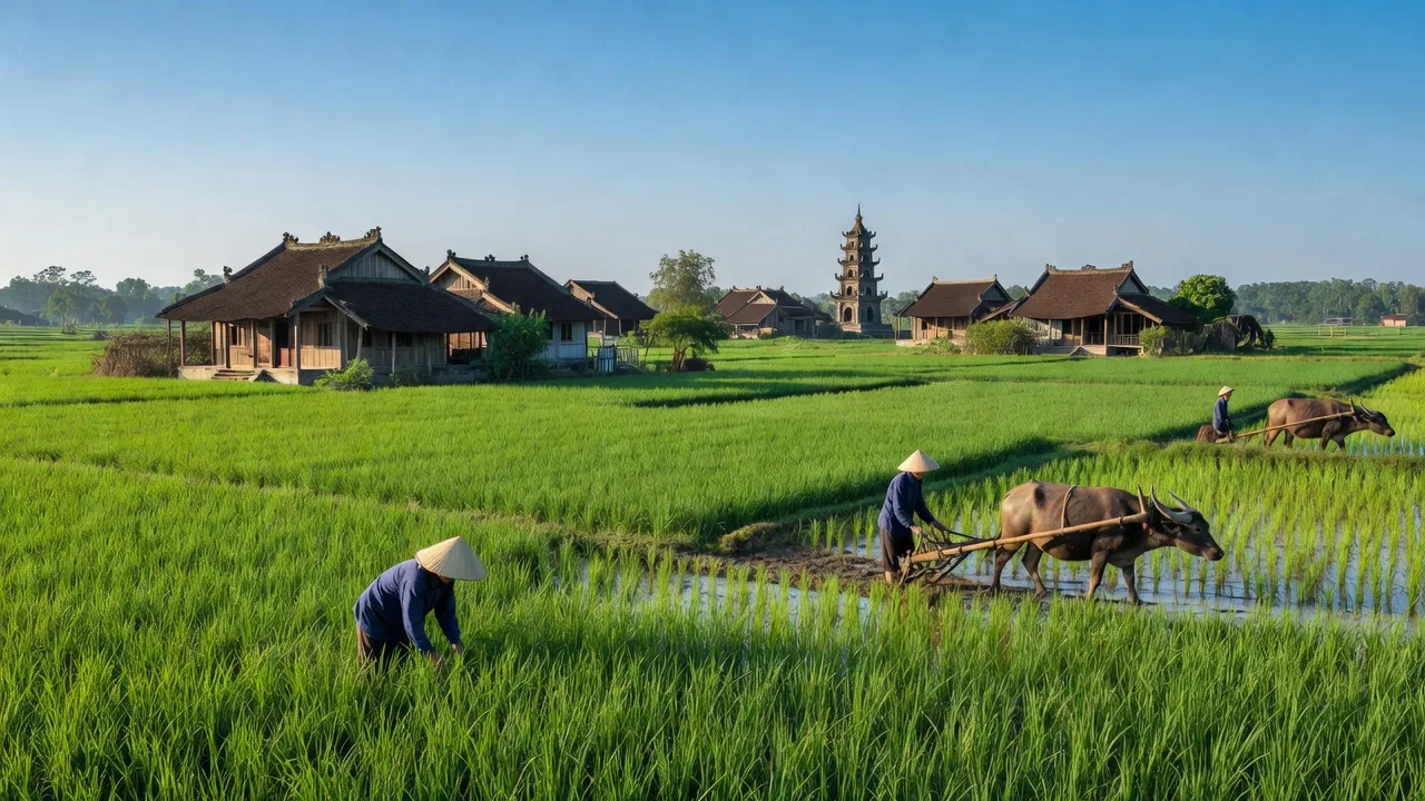 Cảnh đẹp làng Đông Tiến, huyện Yên Phong, Bắc Ninh với cánh đồng xanh và kiến trúc truyền thống.
