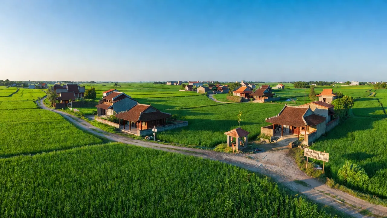 Cảnh quan xã Đông Tiến, huyện Yên Phong, tỉnh Bắc Ninh, với đồng xanh và nhà truyền thống.