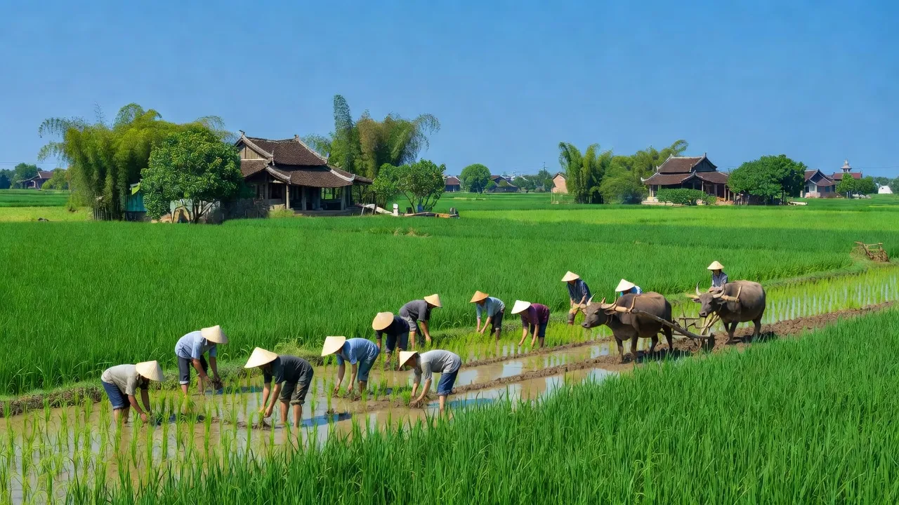 Cảnh Xã Dũng Liệt, huyện Yên Phong, Bắc Ninh với cánh đồng xanh và nhà truyền thống.