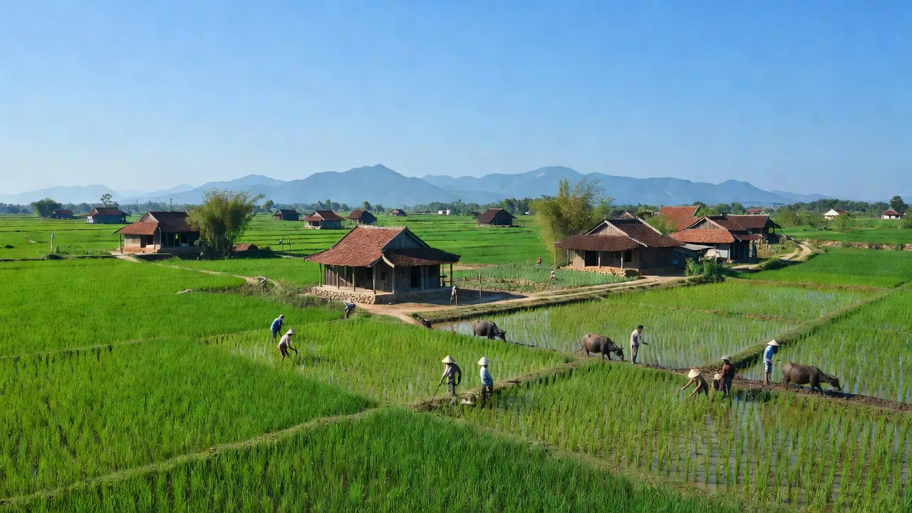 Cảnh đẹp Xã Hòa Tiến, Huyện Yên Phong, Bắc Ninh với cánh đồng xanh và nhà truyền thống.