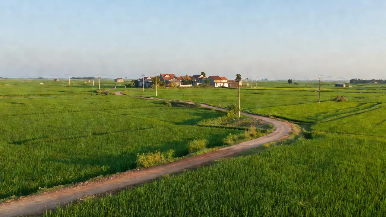 Cảnh đẹp Xã Long Châu huyện Yên Phong Bắc Ninh với cánh đồng và đường giao thông.