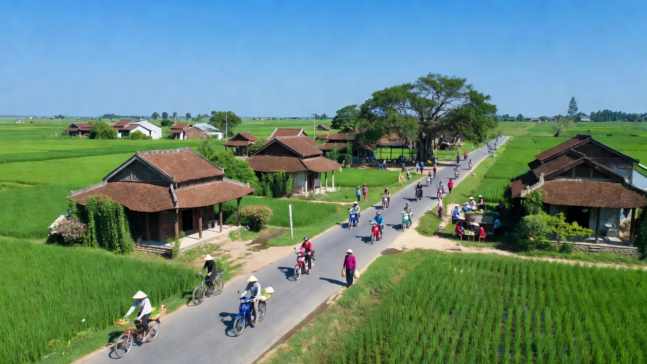 Khung cảnh xã Long Châu, huyện Yên Phong, tỉnh Bắc Ninh với cánh đồng xanh và đường phố nhộn nhịp.